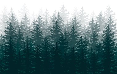Orman silueti, orman arka planı, doğa, manzara. Evergreen kozalaklı ağaçlar. Vektör çizimi