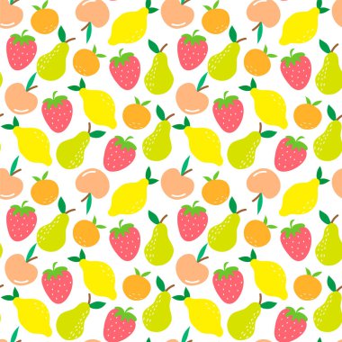 Meyvesiz desen. Beyaz arka planda şirin çilek, limon, elma, portakal ve armut..