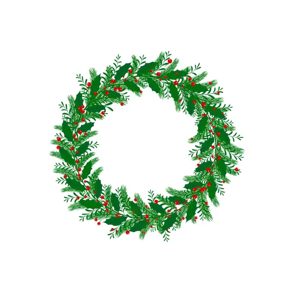Καλά Χριστούγεννα στεφάνι. Πράσινο έλατο κλαδιά και κόκκινα μούρα Το πλαίσιο είναι κατασκευασμένο από πράσινα κλαδιά ερυθρελάτης. — Διανυσματικό Αρχείο