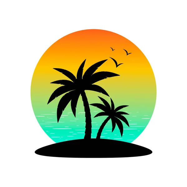 Palmen auf der Insel, Vögel, Meer und Sonnenuntergang, Vektor. Silhouetten von Palmen und Vögeln gegen den Sonnenuntergang. Vektorgrafiken
