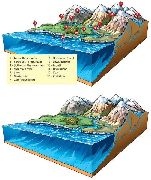 Vektorillustration Von Relieftypen Landesinneren Landschaften Berge Flüsse Und Meer — Stockvektor