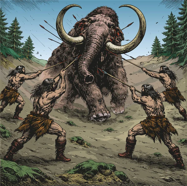 Tarih öncesi destansı mamut avının siyah-beyaz çizgi film tarzında vektör çizimi, hayatta kalma, işbirliği ve erken insan yaşamını simgeliyor, eğitim, tarih, evrim, antropoloji ve kavramsal tasarım projeleri için ideal.