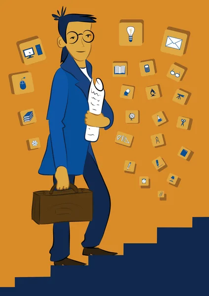 Νεαρός άνδρας στο κοστούμι με χαρτιά μέχρι τις σκάλες — Διανυσματικό Αρχείο