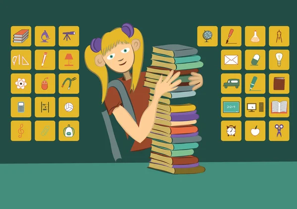 Una chica con libros. Iconos escolares . — Archivo Imágenes Vectoriales