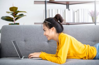 Oturma odasındaki kanepede bilgisayar kullanan Asyalı güzel bir kadın.