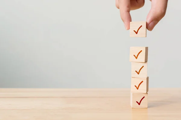 Checklist Concept Check Mark Wooden Blocks Table Copy Space — Stock Photo, Image