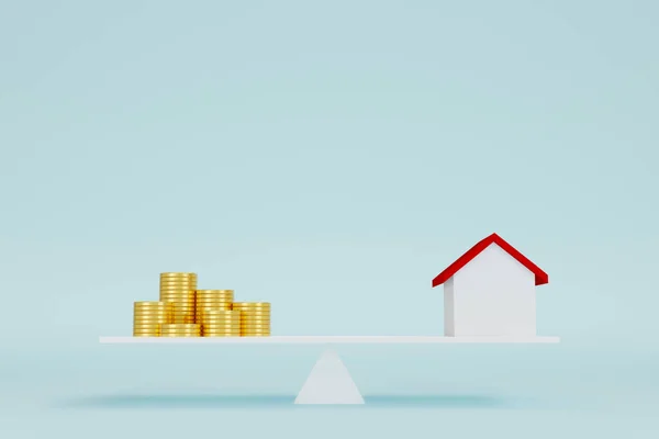 家庭硬币和钱币在天平上堆积起来了 房地产投资和住房抵押金融房地产概念 3D说明 — 图库照片