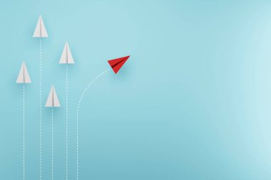 Tek yönlü kağıt uçak grubu ve farklı yönleri gösteren tek bir birey. Yeni fikirler için iş kavramı yaratıcılık ve yenilikçilik. 3d illüstrasyon