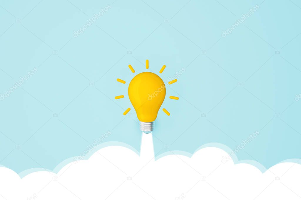 Light bulb yellow moving up on sky. Concept of creative idea and innovation inspire. 3d illustration