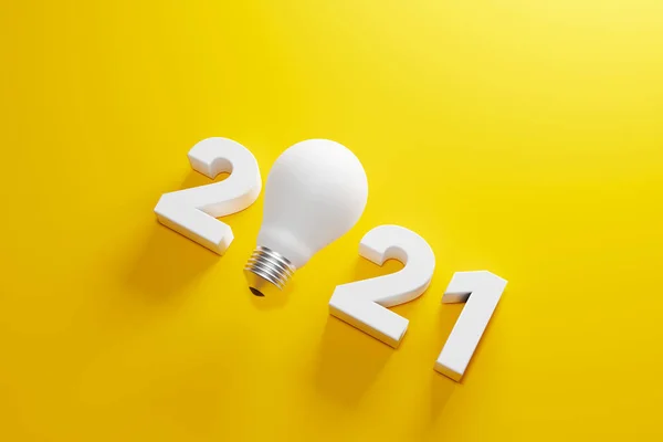 创新理念 启发创新理念 灯泡和2021年新年黄色背景 业务解决方案和规划 3D说明 — 图库照片