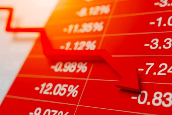 Rode Pijl Wijst Naar Beneden Het Percentage Negatief Beursmarkt Investeren — Stockfoto