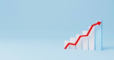 Arrow grafik büyüme basamağı açık mavi arka planda yukarı çıkıyor. İş gelişiminden başarıya ve büyüyen yıllık gelir artışına. 3d illüstrasyon