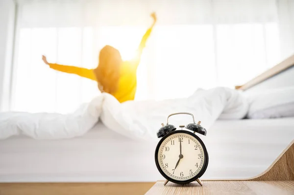 Good Morning New Day Alarm Clock Wake Woman Sitting Body — Stock Photo, Image