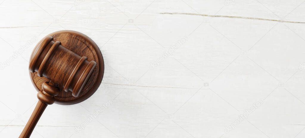 Top view of judge gavel on wooden background. Law and justice, legality concept. 3d illustration