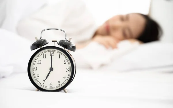 Young Asian Woman Happy Sleep Morning Bedroom Closeup Alarm Clock — Stock Photo, Image