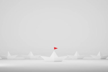 Liderlik kavramı. Beyaz arka planda kırmızı bayraklı kağıt gemi. 3d illüstrasyon