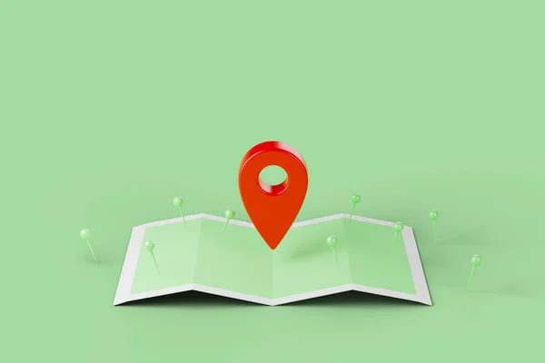 モバイルナビゲーション Gps衛星ナビゲーション 場所ルート計画の概念 地図と緑の背景に赤い点 3Dイラストレシオ — ストック写真
