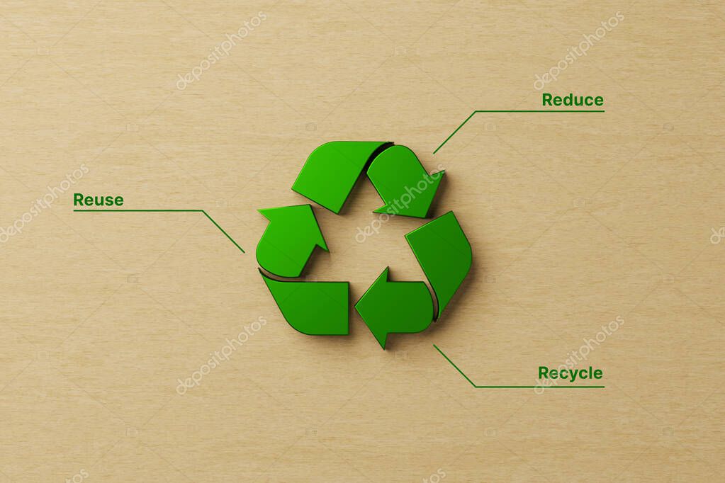 Reuse, reduce, recycle concept. Top view of recycle symbol on wooden background. 3D illustration