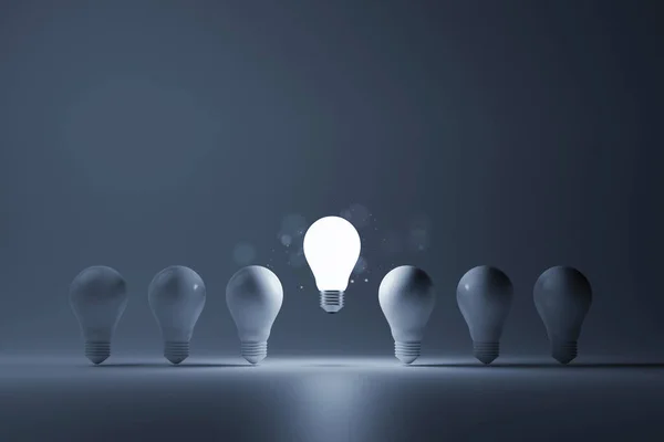 Glödlampa Lysande Enastående Bland Glödlampa Vit Bakgrund Begreppet Kreativ Idé — Stockfoto