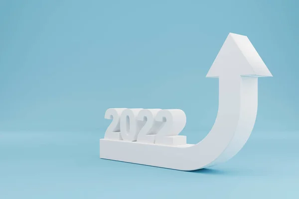 Arrow sign growth moving up and 2022 year calendar date on light blue background. Business development to success and growing annual revenue growth concept. 3d illustration