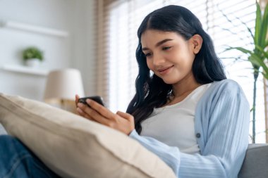 Oturma odasında komik mobil uygulamalar kullanarak rahat bir koltukta oturan gülümseyen genç Asyalı kadın. Evdeki Kadın, Çevrimiçi Alışveriş Yapıyor, Arkadaşlarına Mesajlaşıyor, Sosyal Medya 'ya Gönderiyor