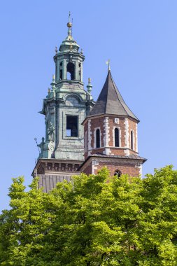 Wawel Royal Castle gümüş çan kulesi ve Saat Kulesi, Krakow, Polonya