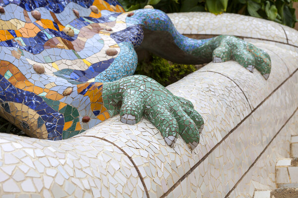 Gaudi multicolored mosaic salamander in Park Guell, Barcelona, Spain