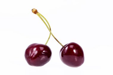 Beyaz arka plan üzerinde izole kırmızı kiraz iki meyve