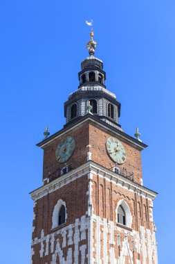 Belediye Binası kule üzerinde ana ana meydanında mavi gökyüzü arka plan, Krakow, Polonya