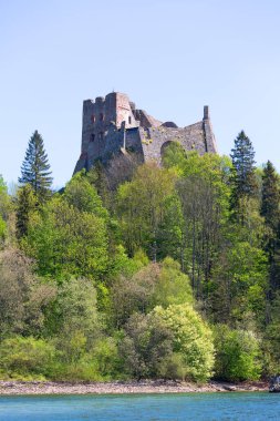 Niedzica, Polonya - 18 Mayıs 2020: 14. yüzyıl Czorsztyn Kalesi, Pieniny Ulusal Parkı sınırları içindeki Czorsztyn Gölü 'ndeki ortaçağ kalesinin kalıntıları