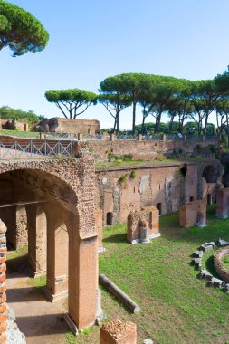 Palatine Hill 'deki Domitian Hipodromu. Birkaç önemli antik binanın kalıntılarının manzarası. Roma, İtalya 'nın en eski bölgelerinden biridir.