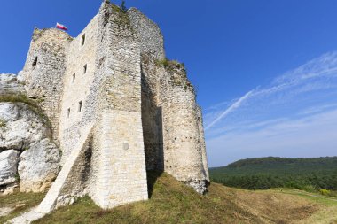 Mirow, Polonya - 16 Eylül 2020: Polonya 'nın Jurassic Highland bölgesinde bulunan Ortaçağ Gotik Mirow Şatosu