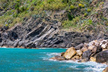 Akdeniz kıyısı manzarası, turkuaz su ve çevresindeki kayalar, Cinque Terre, İtalya