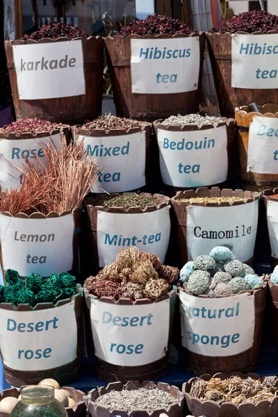 stall on the street with dried leaves of tea