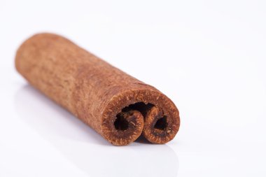 single dried cinnamon stics on white background