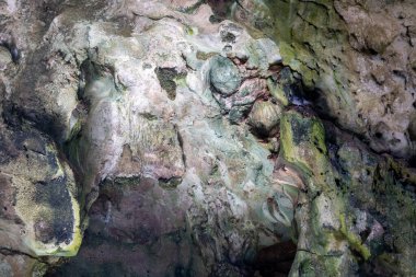 Adriyatik Denizi, Polignano a Mare, İtalya, Apulia 'nın kayalıkları ve mağaraları olan, pitoresk kıyı şeridindeki kayaların oyduğu mağaranın içi. Kayalık sahil boyunca tekne gezisi harika bir turistik yerdir.