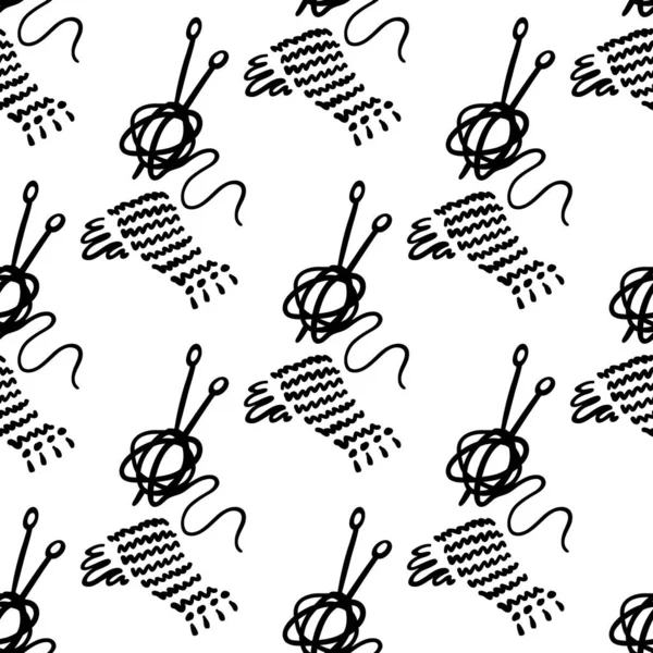 Écharpe à tricoter et boule de fil. Modèle sans couture. Doodle noir et blanc. Illustration vectorielle. — Image vectorielle