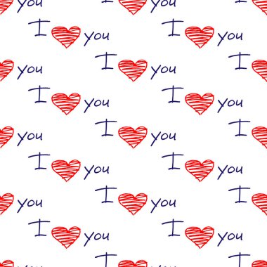 Harfleri ve kırmızı kalpleri seviyorum. Kusursuz aşk sembolleri deseni. Sevgililer Günü ve düğün geçmişi koleksiyonu. Beyaz arkaplanda vektör illüstrasyonu