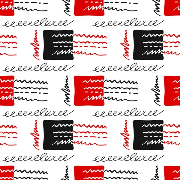 Red Black Seamless Pattern Squares Doodle Lines Hand Drawn Template — Stock Vector