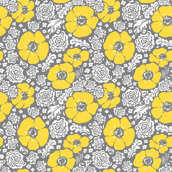 Floral Αδιάλειπτη Μοτίβο Μεγάλα Φωτίζοντα Κίτρινα Λουλούδια Και Λευκά Φύλλα — Διανυσματικό Αρχείο