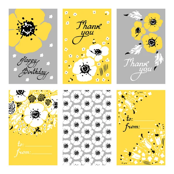 Met Hand Getrokken Set Van Bloemen Kaarten Verlichtende Gele Witte — Stockvector