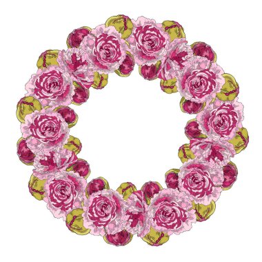 Pembe şakayıklar ve tomurcuklar. Büyük bir çiçek çelengi. Elle çizilmiş çiçek dekoru koleksiyonu. Beyaz arkaplanda vektör illüstrasyonu.