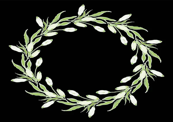 ホワイト リリウム カーサ ブランカ 芽の楕円形の花輪 結婚式の招待状とグリーティングカードテンプレート 黒い背景のベクトル図 — ストックベクタ