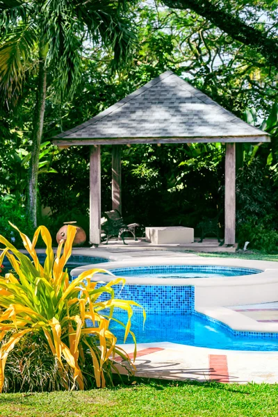 Piscina exterior relajante con gazebo y jardín tropical —  Fotos de Stock