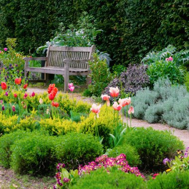 English garden with a walk path leading to empty bench square composition clipart