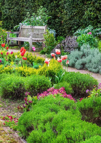 Englischer Garten mit einem Fußweg, der zu einer leeren Bank führt — Stockfoto