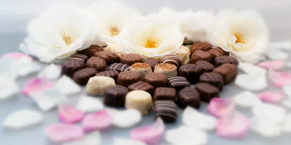 Romantické čokoládové pralinky bílé růže srdce horizontální — Stock fotografie
