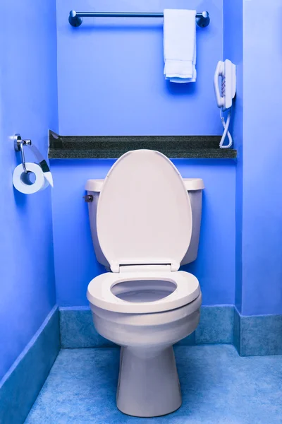 Ren toalett placerar skål toaletten blå wc inredning tvättrum hotel — Stockfoto