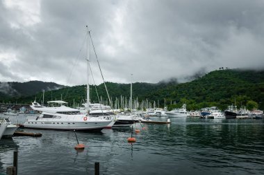 Yat ve yelkenlilerle dolu bir marina, sisli yeşil tepeler ve bulutlu gökyüzü tarafından çerçevelenmiş sakin sularda dinleniyor. Trinidad ve Tobago