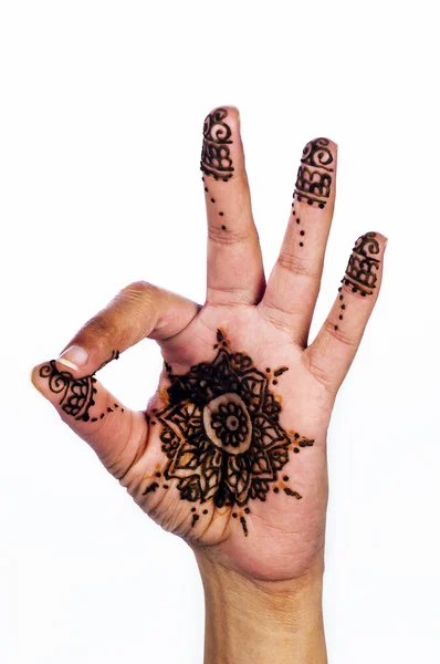 Unique henna tattoo on white background ok sign medallion design — Stock Photo, Image